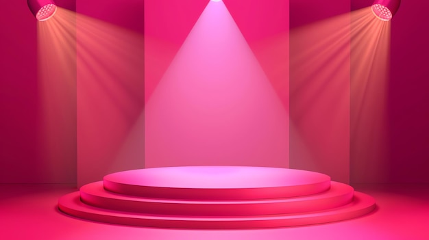 a circular product podium illuminated by bright spotlights