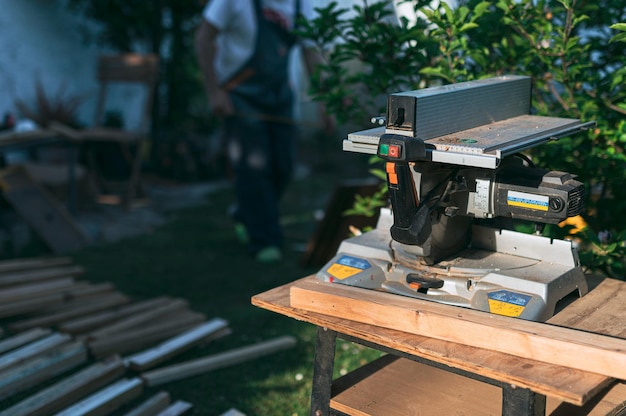 Circular saw in the garden