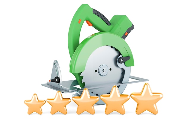 Photo circular saw with five golden stars 3d rendering