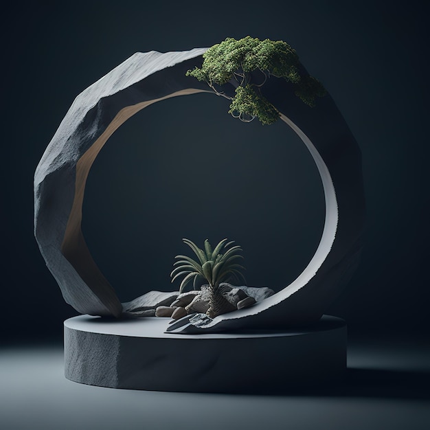 A circular sculpture with a plant in the middle of it