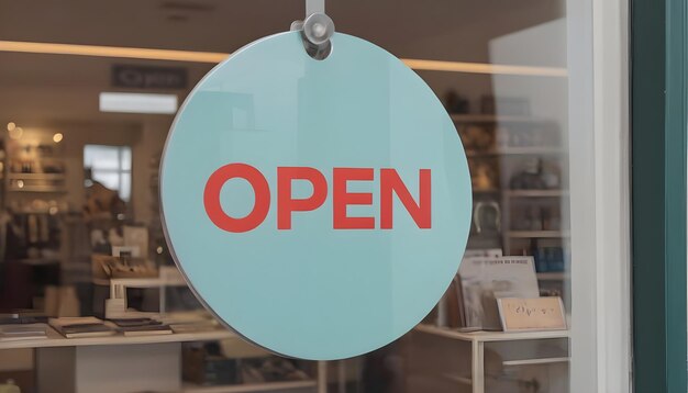 circular sign hung on the glass door of the shop saying Open