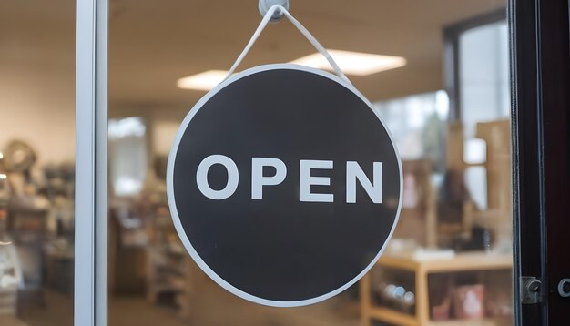 circular sign hung on the glass door of the shop saying Open