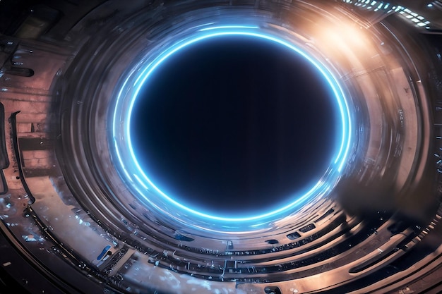 Круглая структура с синими огнями и кругом с синим кольцом вокруг него.