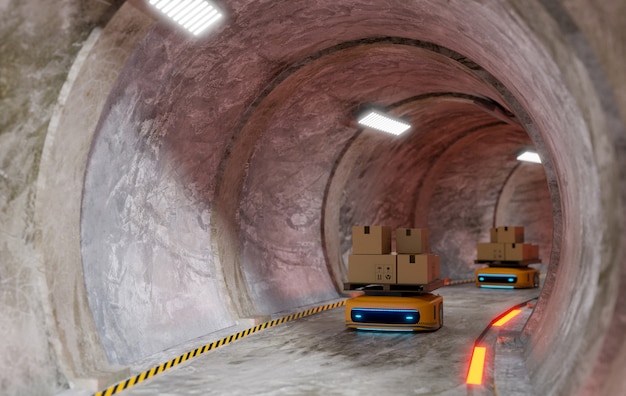 写真 製品の転送に機能する自動機械を備えた円形の地下鉄トンネル、3dレンダリング