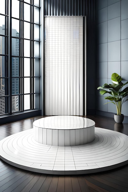 A circular table in a room with a plant in the corner.