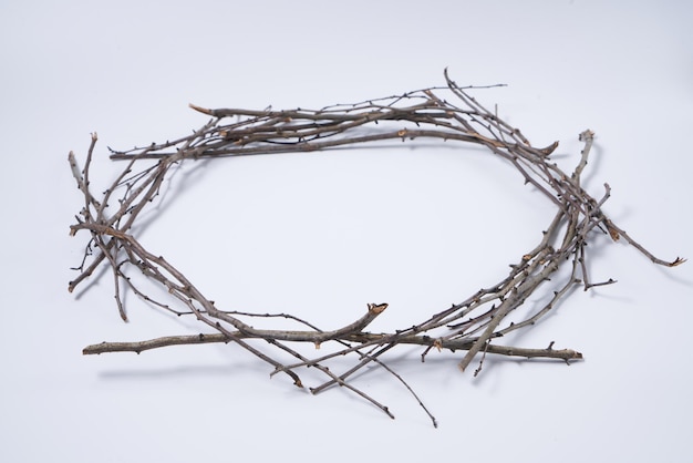 Circular torn or frame made from dry twigs isolated on white background.