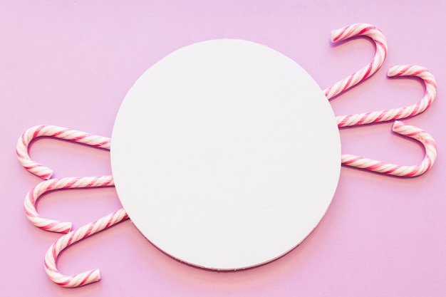 Фото Круглая белая пустая рамка с рождественскими тростниковыми лепестками на розовом фоне
