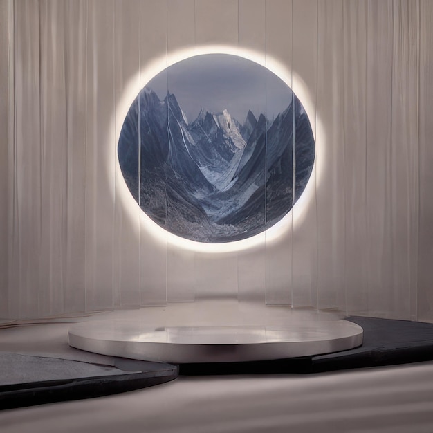 A circular window with a mountain in the middle.