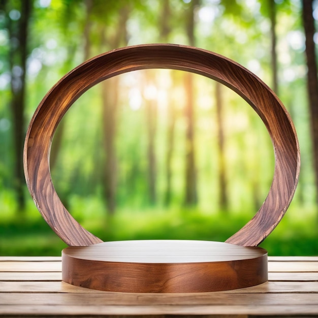 circular wooden display stand blurred nature background