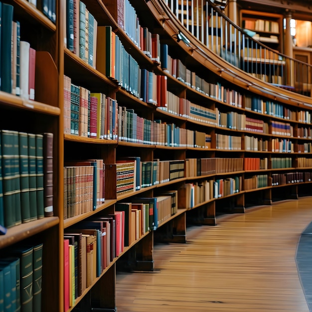 Foto una fila circolare di libri in legno in una biblioteca nello stile del precisionismo influenza dettagliata