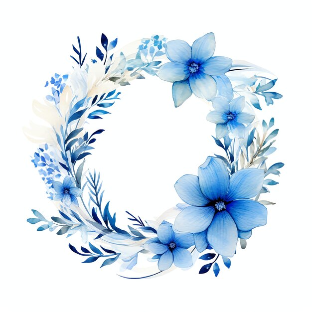 Photo circular wreath of blue nautical watercolor flowers and leaves for logo events and wedding