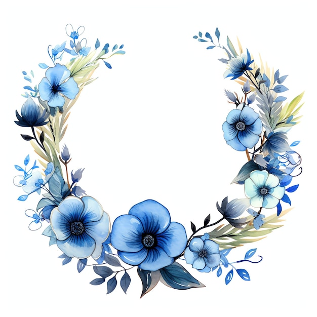 Photo circular wreath of blue nautical watercolor flowers and leaves for logo events and wedding