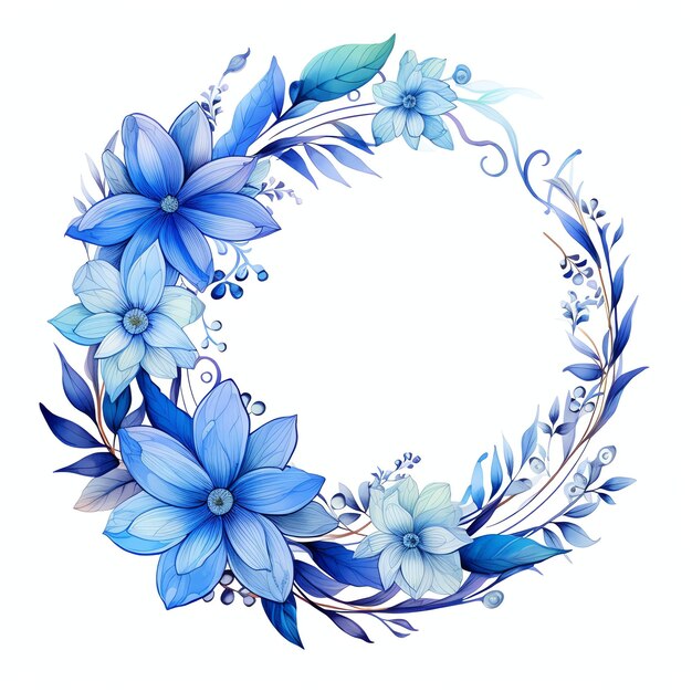 Photo circular wreath of blue nautical watercolor flowers and leaves for logo events and wedding