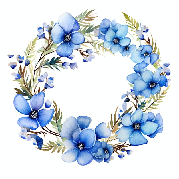 Photo circular wreath of blue watercolor flowers and leaves for logo events and wedding