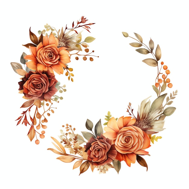 Photo circular wreath of brown watercolor flowers and leaves for logo events and wedding