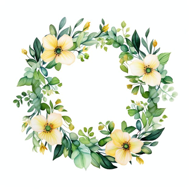 Circular wreath of Green watercolor flowers and leaves for logo events and wedding