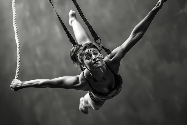 Цирковый акробат грациозно выполняет воздушные трюки на качающемся трапеце, демонстрируя ловкость и мастерство с улыбкой