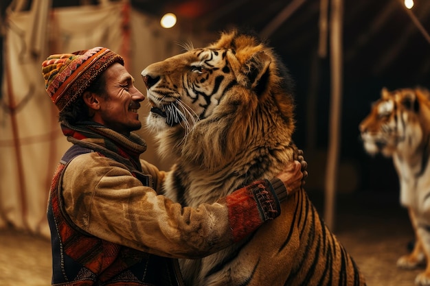 A circus animal trainer affectionately interacting with trained lions and tigers demonstrating trust and mutual respect