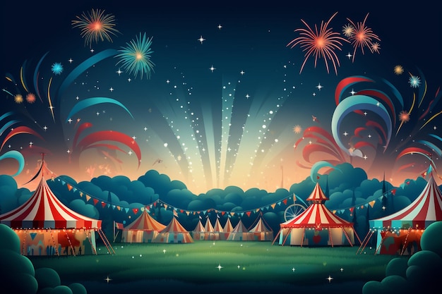 Circus carnival festival fun fair with firework landscape