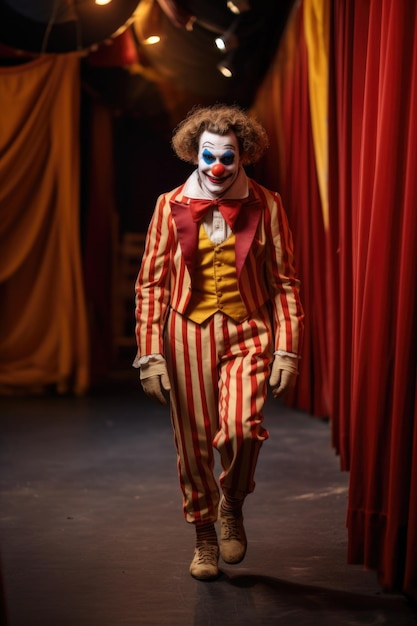 Circus Clown in Colorful Costume Walking on Stage