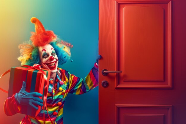 a circus clown holding a gift box while opening door