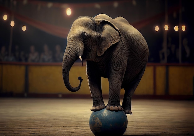 Circus elephant stands on a ball circus trick