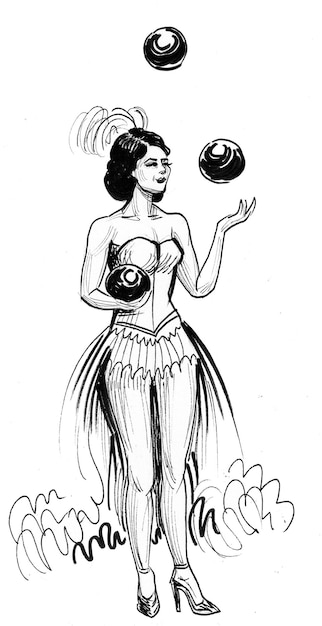 Circus lady jiggling balls. ink black and white drawing