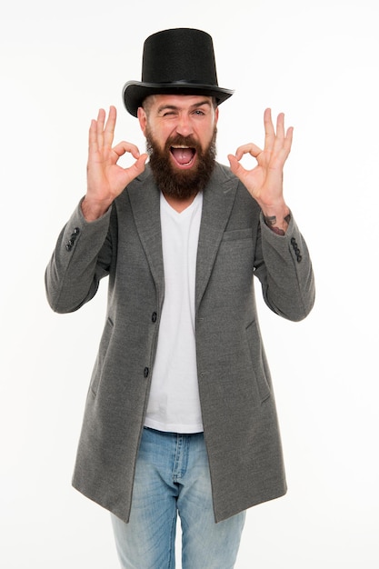 Circus magic trick performance Magician circus worker Man bearded guy cheerful face solve problem as magician Magician character Want some magic trick Magician trick performance concept