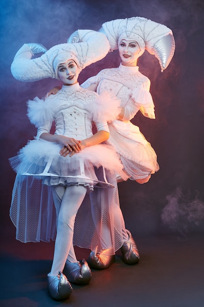 Circus performer magician shows tricks with soap bubbles. a\
woman and a girl inflate soap bubbles in the circus at the\
show.