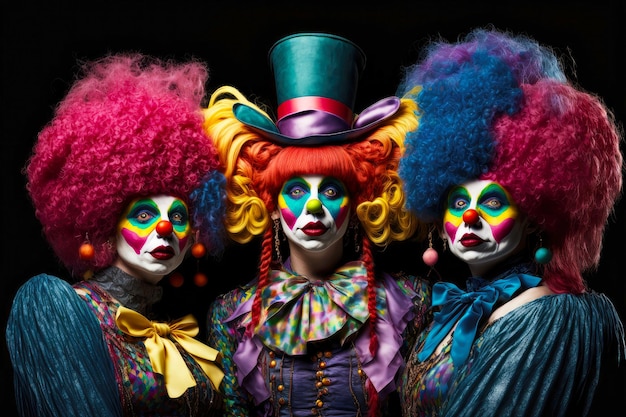 Артисты цирка женщины-клоуны в париках и костюмах на черном фоне