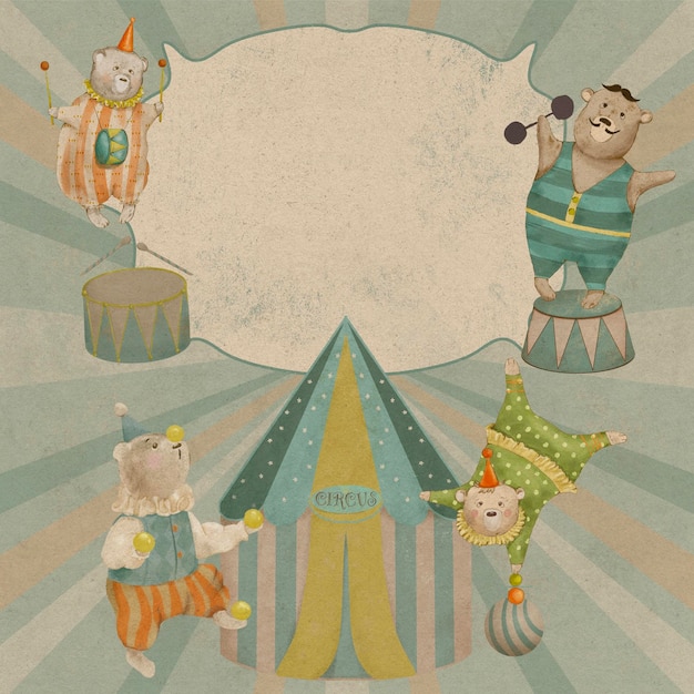 Circus poster in vintage style, drawing of circus bears, circus\
banner