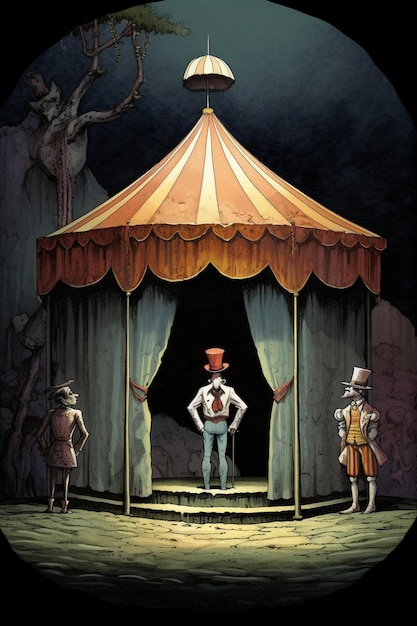 큰 천막 앞에 서 있는 남자가 있는 서커스 장면.