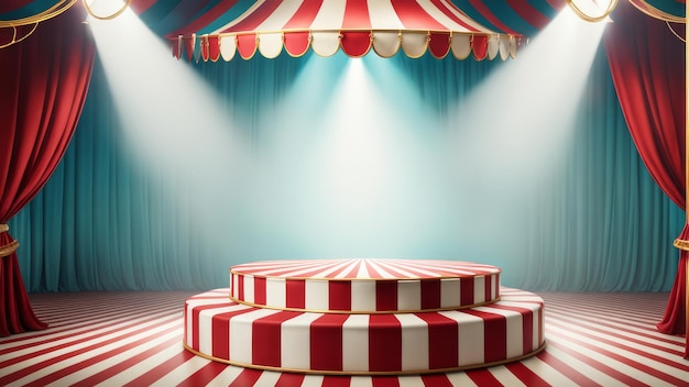 Foto podium in tessuto a strisce di circo con uno sfondo capriccioso