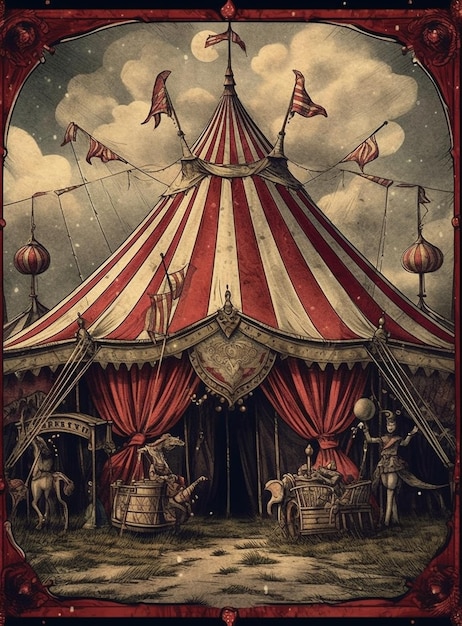 A circus tent has a sign that says " the word circus " on it.