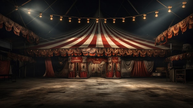 a circus tent setting in a dark room in the style of photorealistic landscapes clowncore