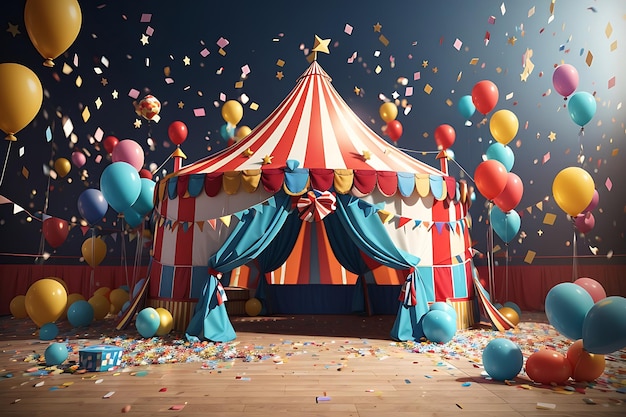 Circus tent with balloons and confetti 3D rendering