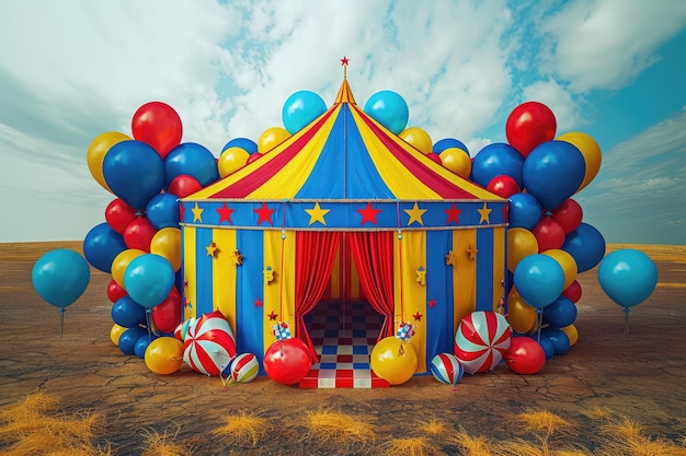 Photo a circus tent with balloons and a red and yellow tent with the words  the circus  on the top