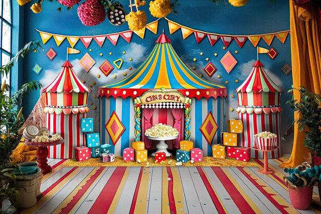 a circus tent with a big box of popcorn on the top