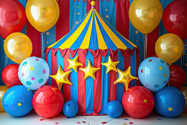 Photo a circus tent with a blue tent and red and yellow balloons