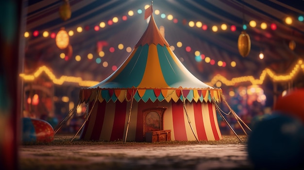 A circus tent with a blue and yellow striped top and a yellow sign that says " circus ".