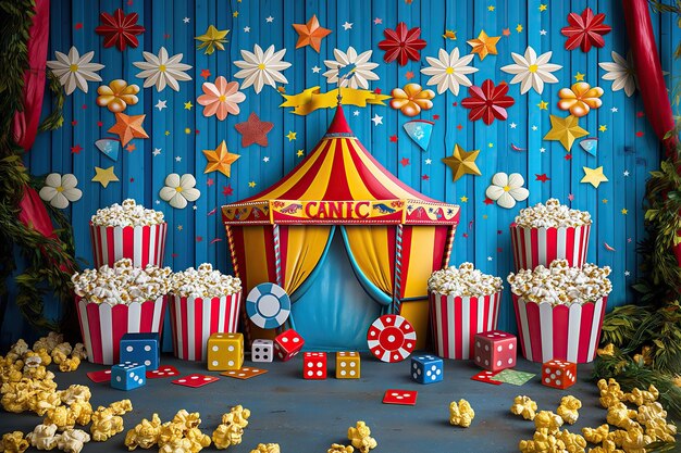 a circus tent with a bunch of popcorn and a box of popcorn