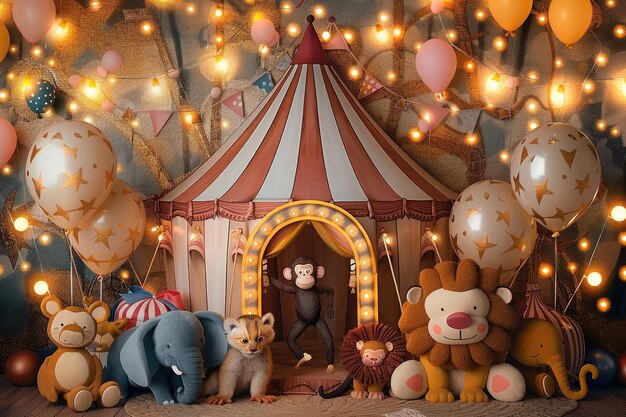 Photo a circus tent with a carousel with many balloons and a stuffed animal in the background