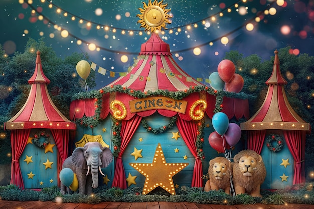 Photo a circus tent with a circus tent and a red canopy with balloons and a star on it