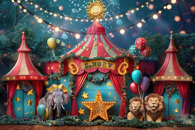 a circus tent with a circus tent with a lion on the top