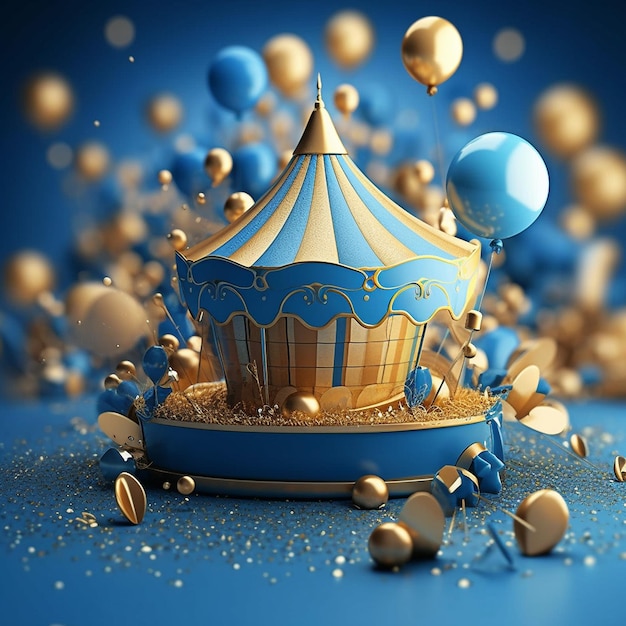 a circus tent with a gold top and blue background with gold balls and gold balls.