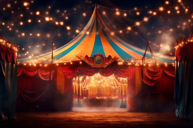 A circus tent with lights on the top