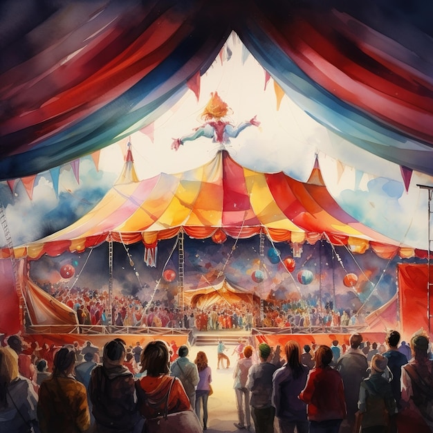 a circus tent with a painting of a woman on the top.