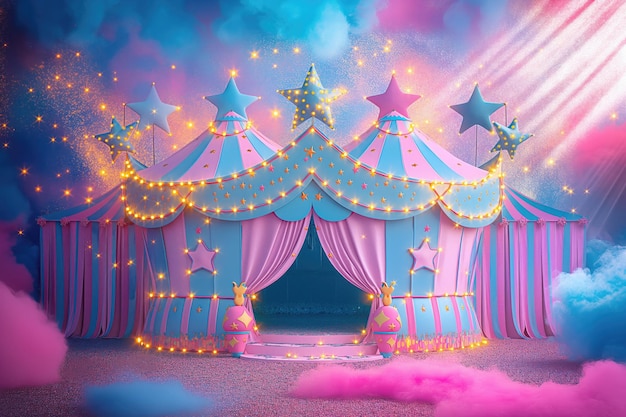 Photo a circus tent with a pink canopy and a blue and yellow tent with stars on it