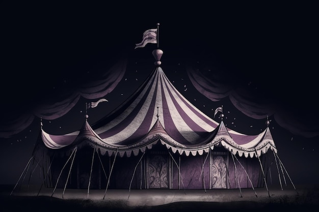 A circus tent with a purple top and white stripes.