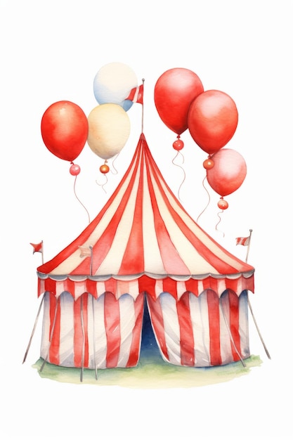 Circus tent with red balloons Watercolor illustration isolated on white background